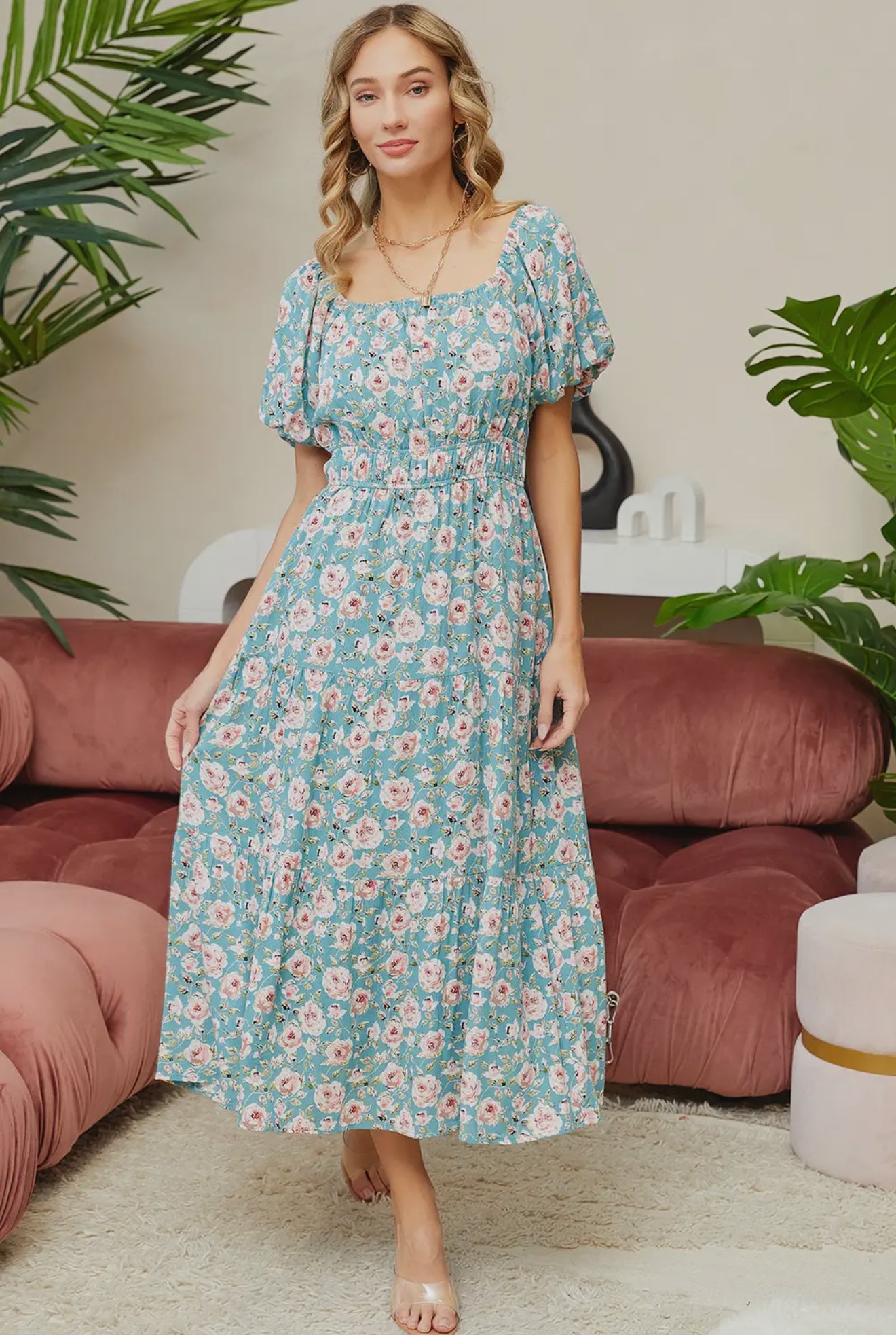 Floral Elastic Waist Midi Dress RGK RTS