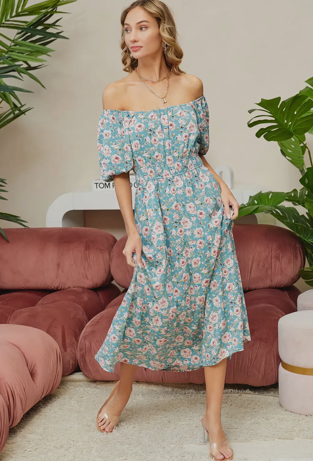 Floral Elastic Waist Midi Dress RGK RTS