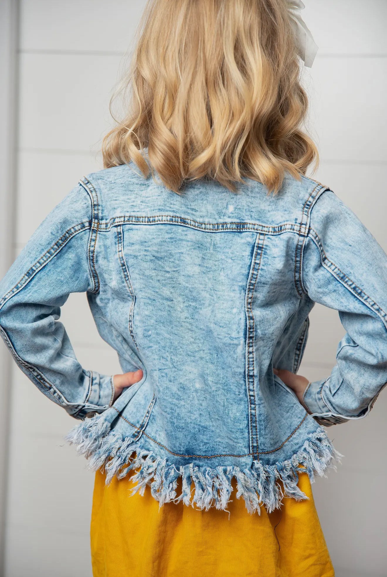 Kids Light Wash Faded Denim Fringe Winter Button Jacket RGK RTS