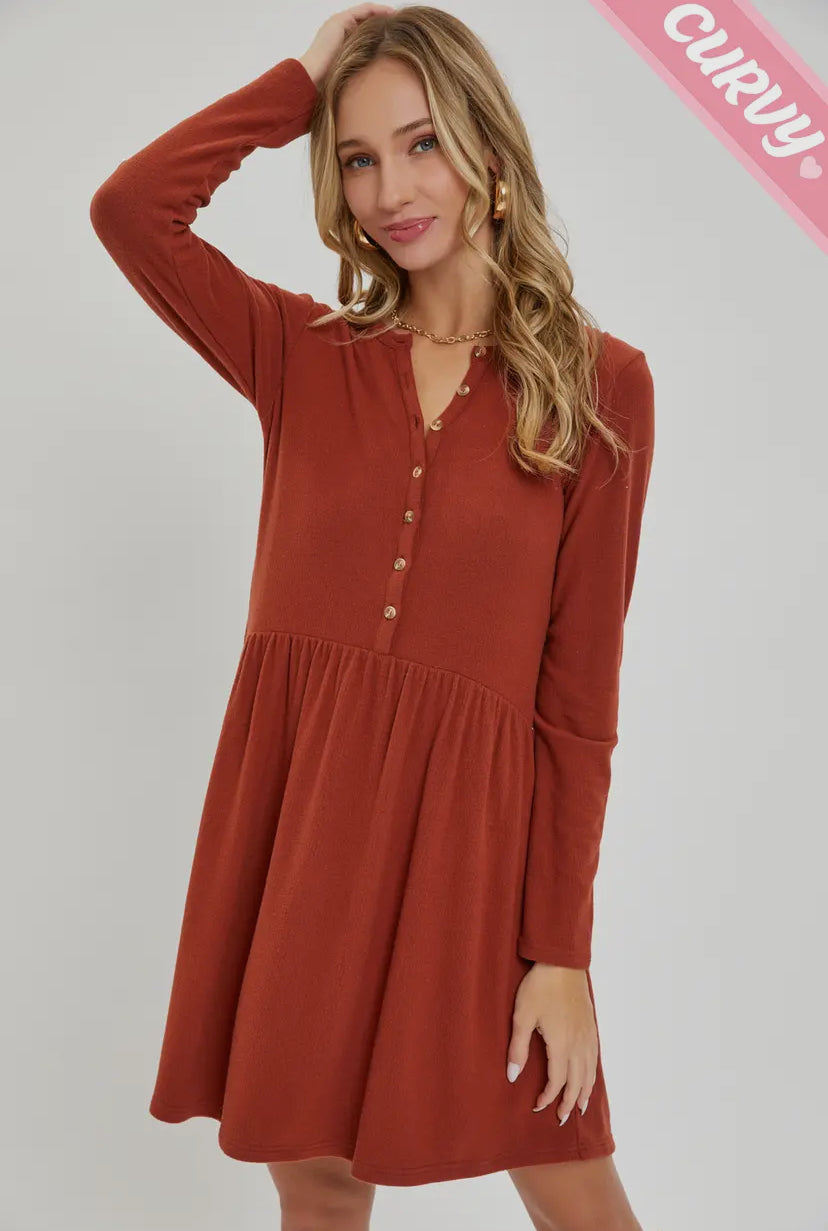 Rust Ribbed Button Dress