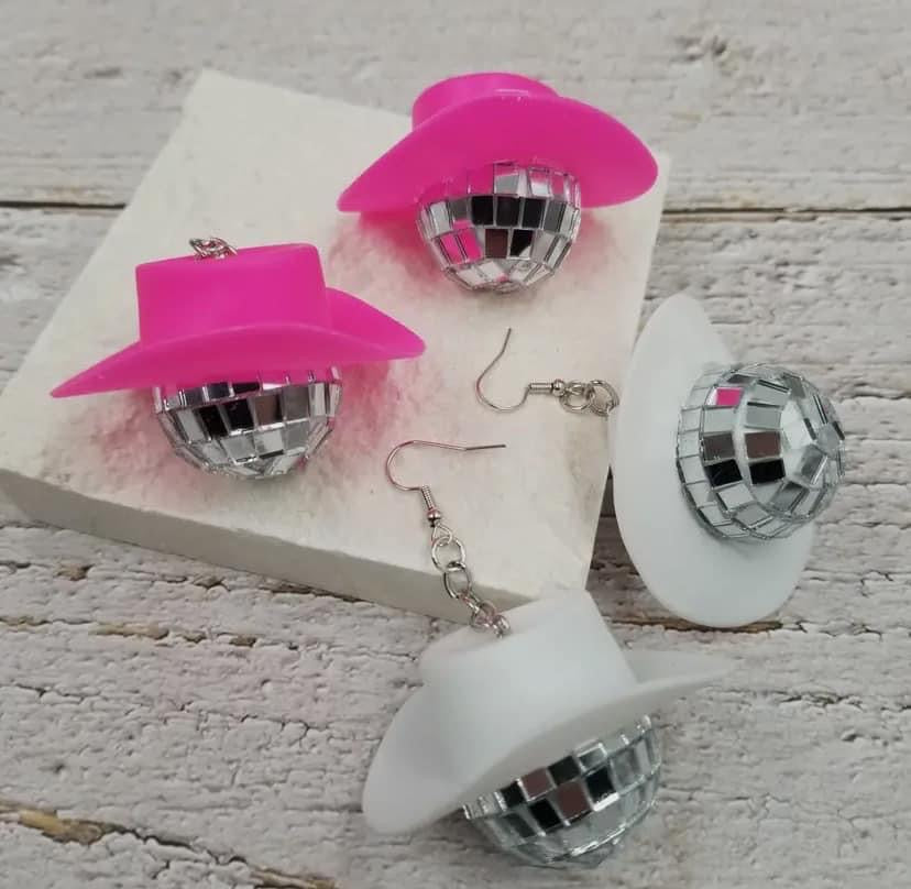 Large Cowgirl Hat Disco Ball Earrings