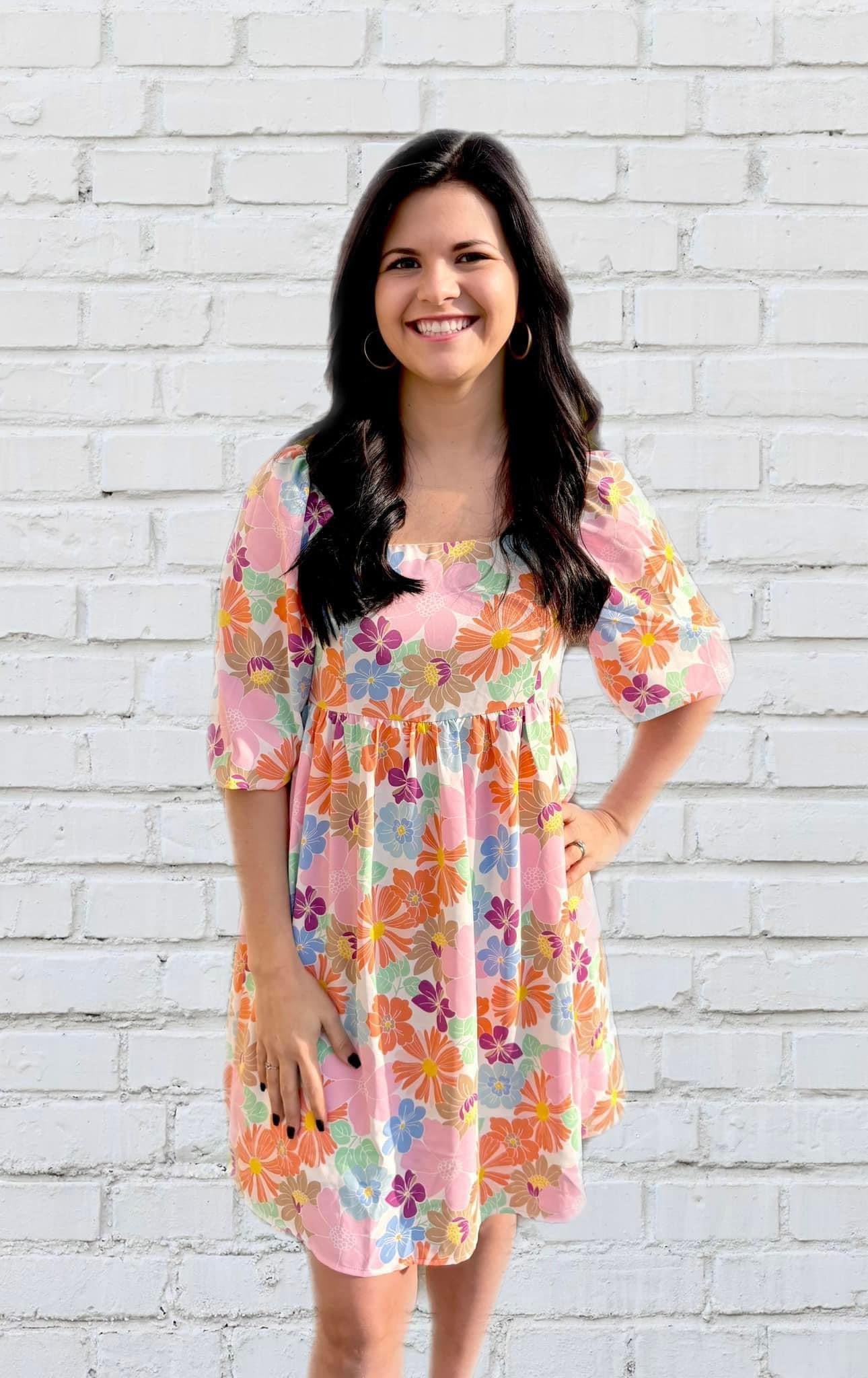 Pastel Floral Square Neck Dress