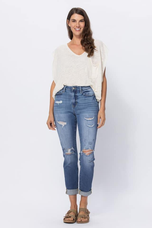 Judy Blue High Waist Cuffed Distressed Boyfriend Fit