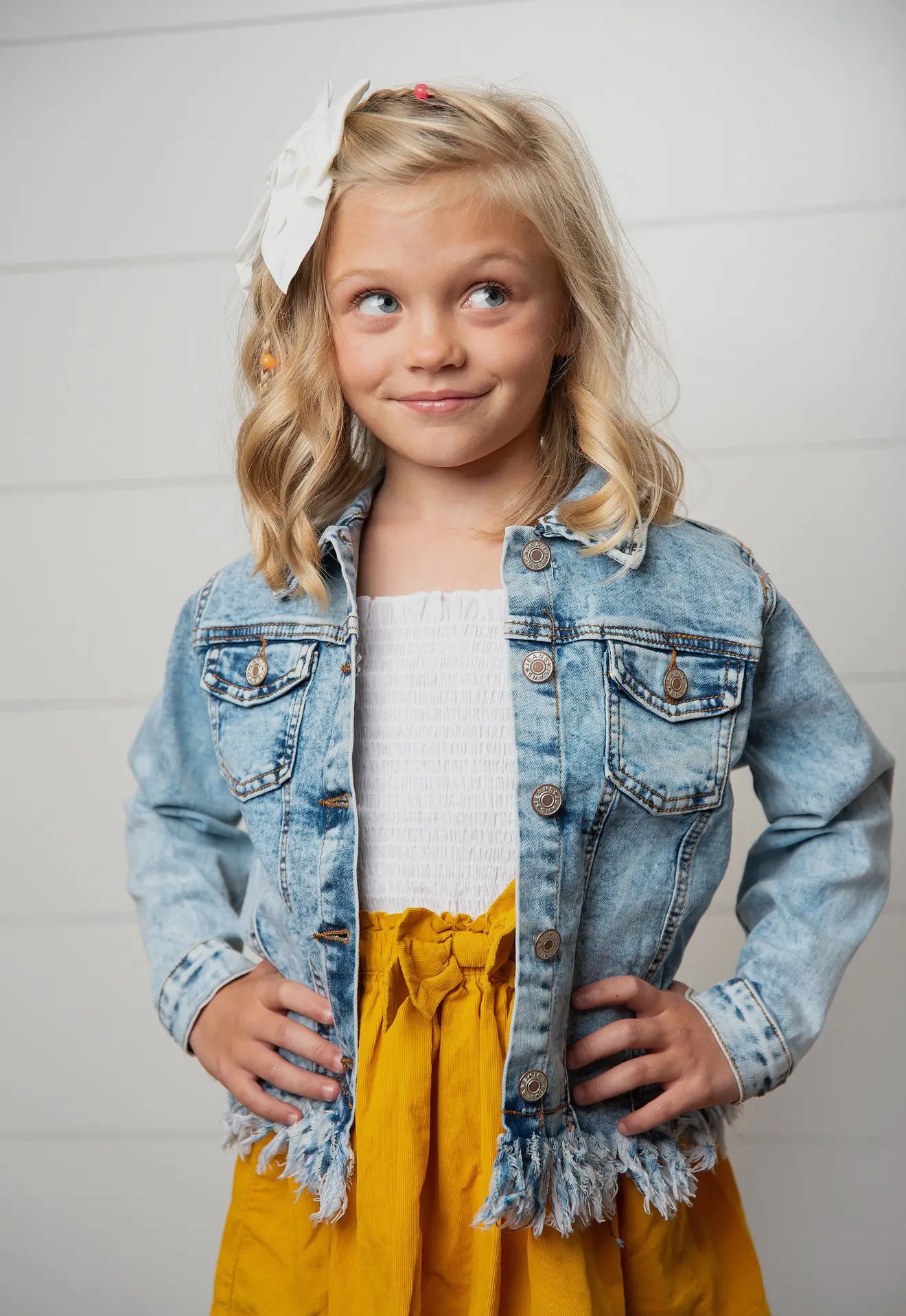 Kids Light Wash Faded Denim Fringe Winter Button Jacket RGK RTS