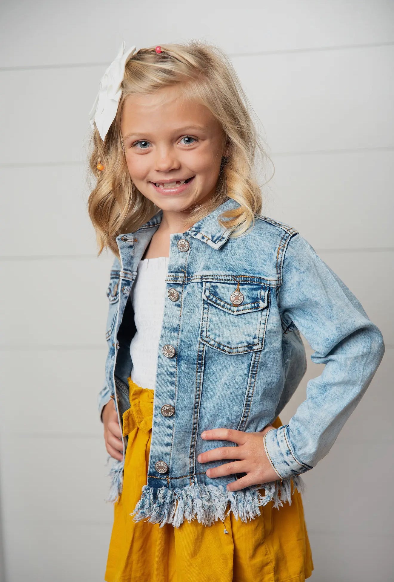 Kids Light Wash Faded Denim Fringe Winter Button Jacket RGK RTS