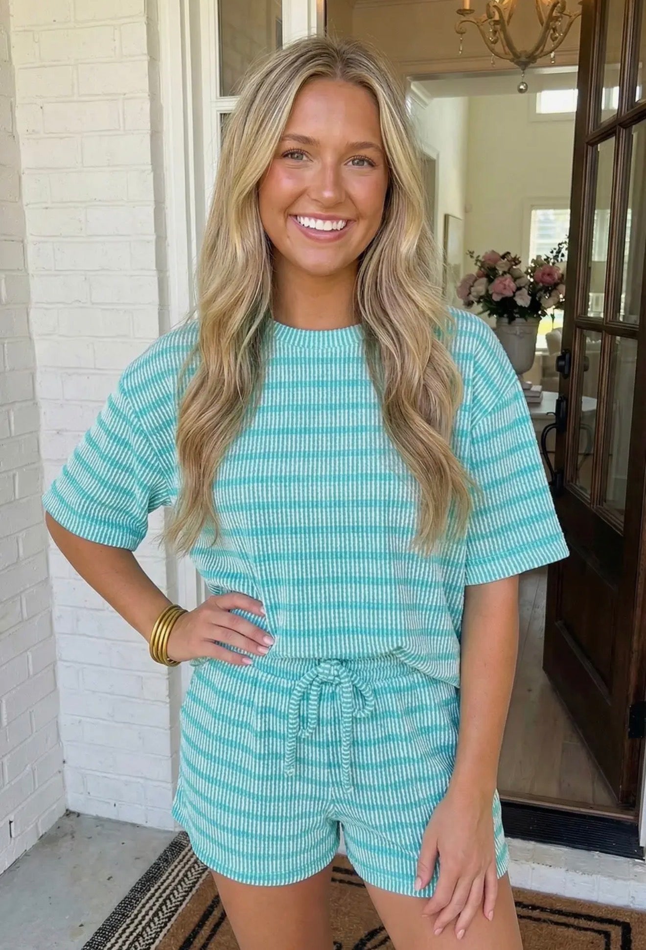 Striped Ribbed Tee Short Set