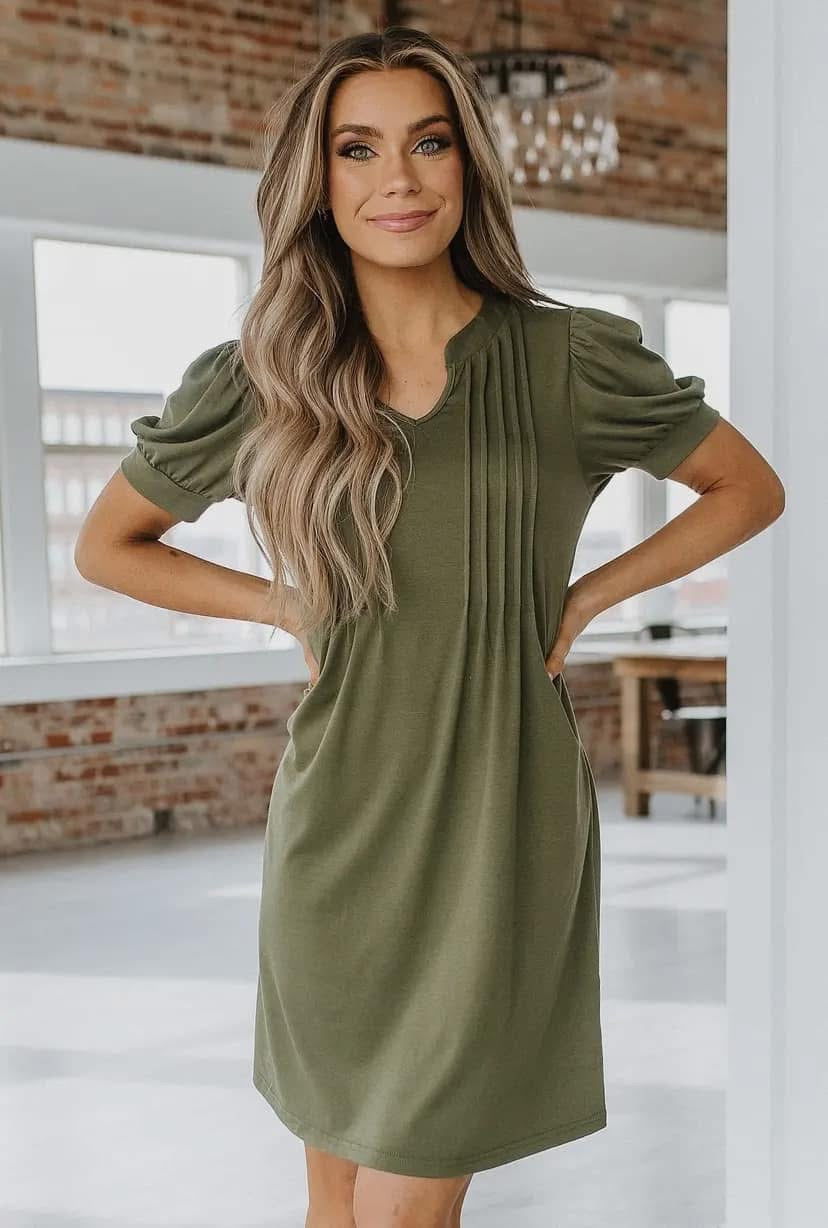 Sana Puff Sleeve Pleated Dress