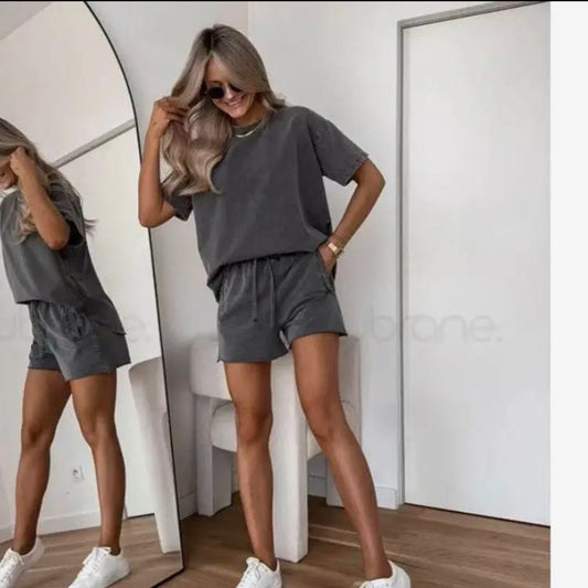 Solid Color Casual Shorts Set