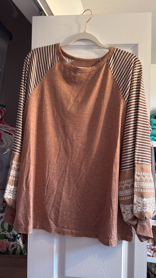 Brown Top w/Aztec & Striped Sleeves