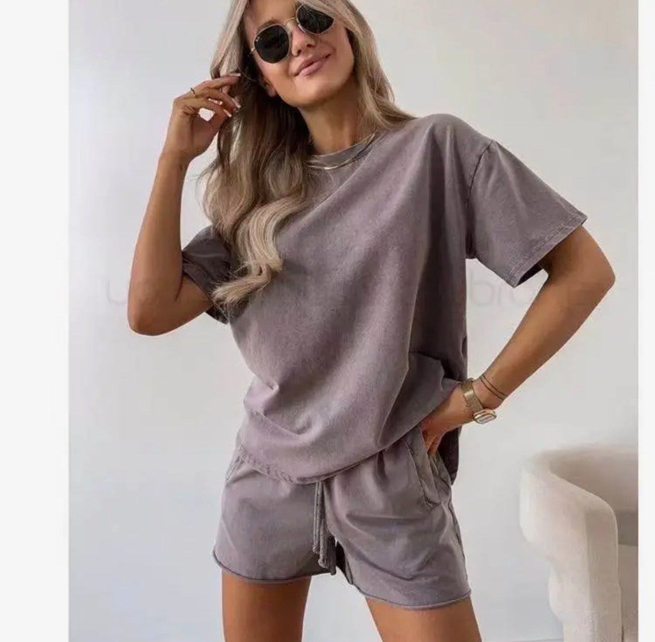 Solid Color Casual Shorts Set