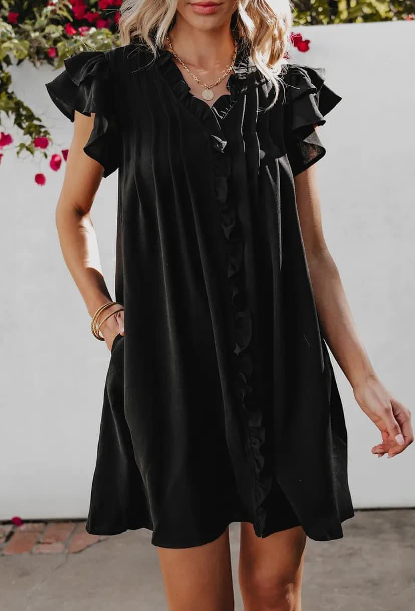 Ruffle Sleeve V-Neck Frilled Shift Dress RGK RTS