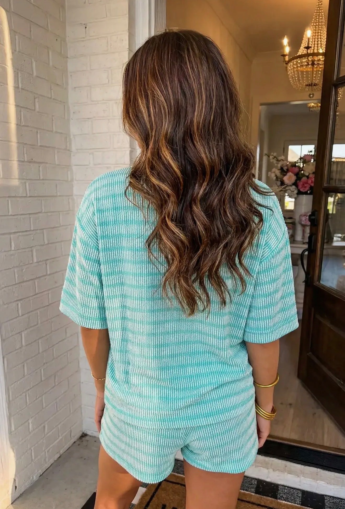 Striped Ribbed Tee Short Set