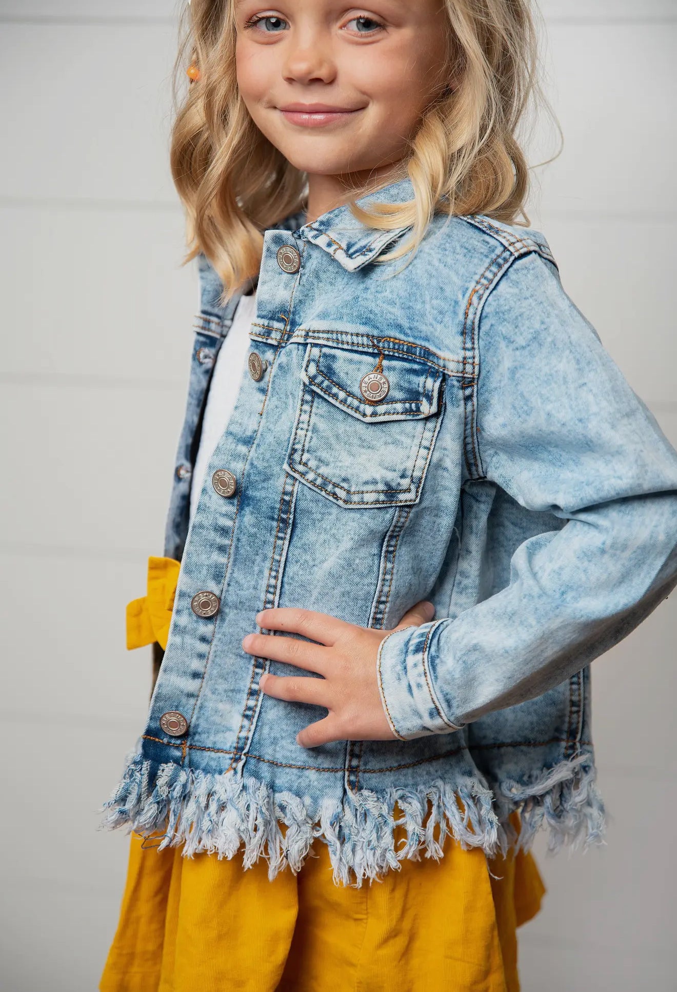 Kids Light Wash Faded Denim Fringe Winter Button Jacket RGK RTS