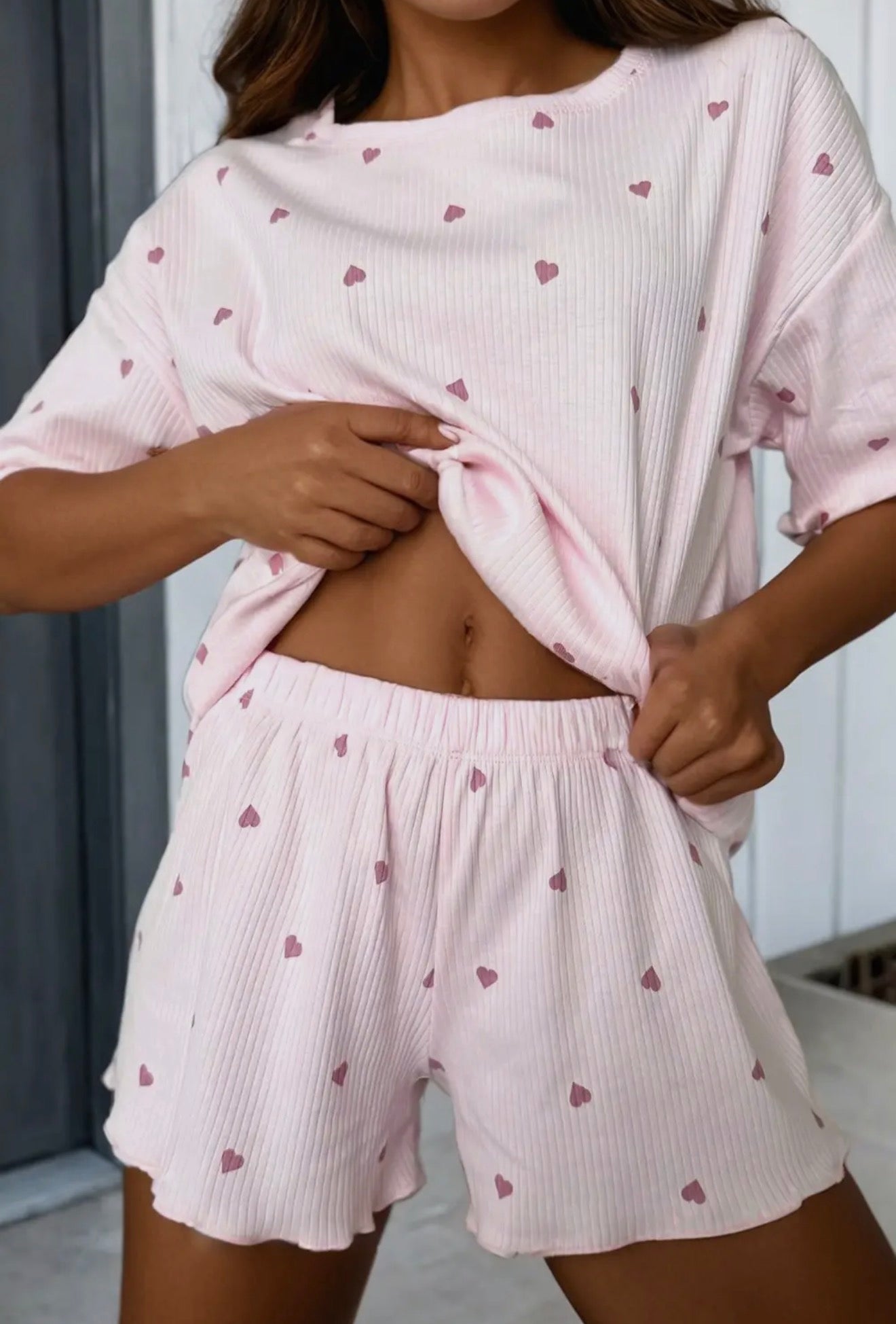 Heart Ribbed Knit Lounge Shorts Set