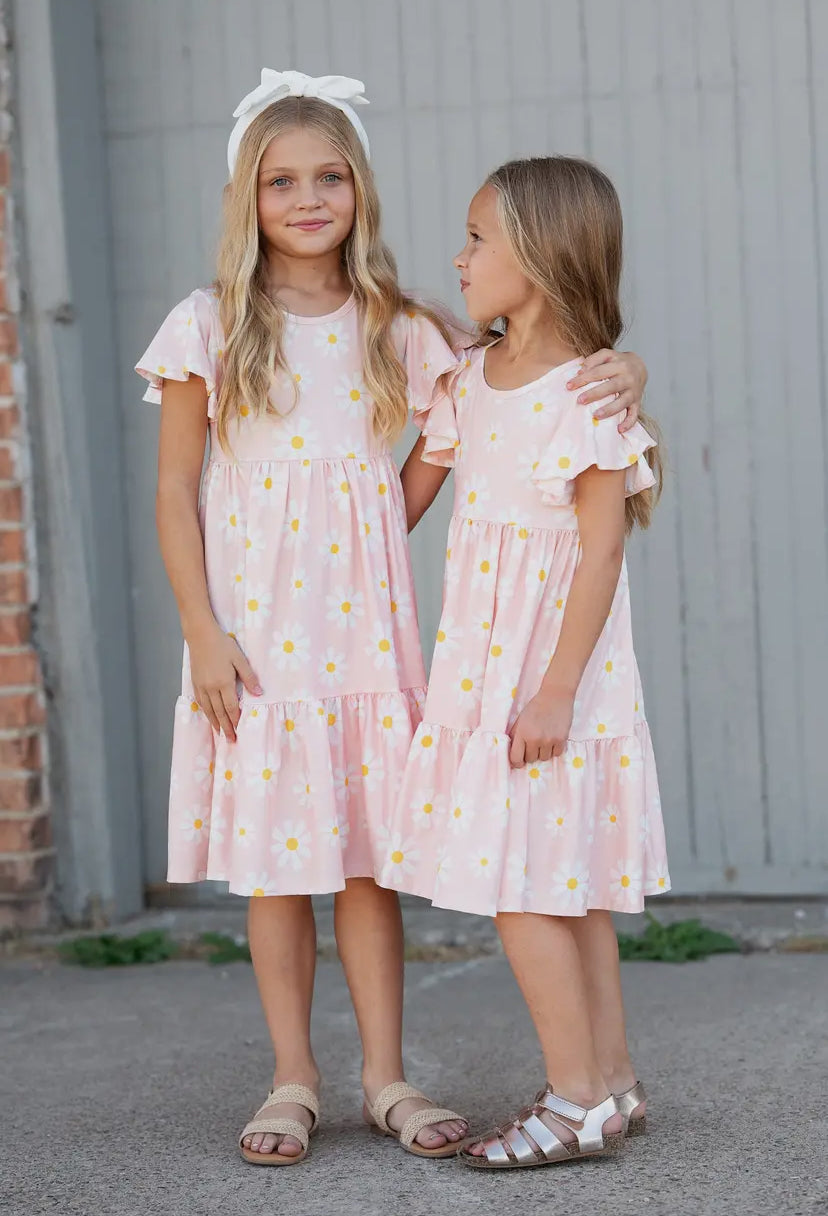 Emma Pink Daisy Flutter Sleeve Twirl Dress RGK RTS