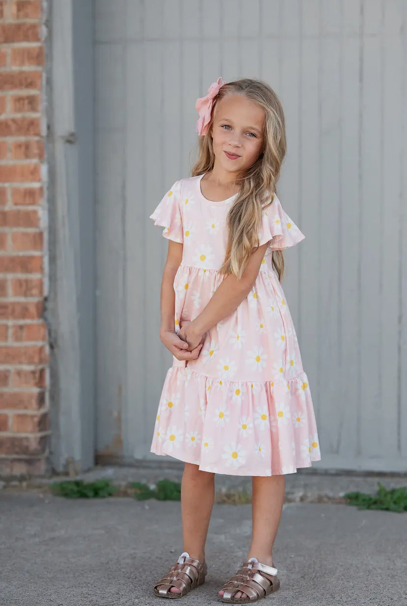 Emma Pink Daisy Flutter Sleeve Twirl Dress RGK RTS