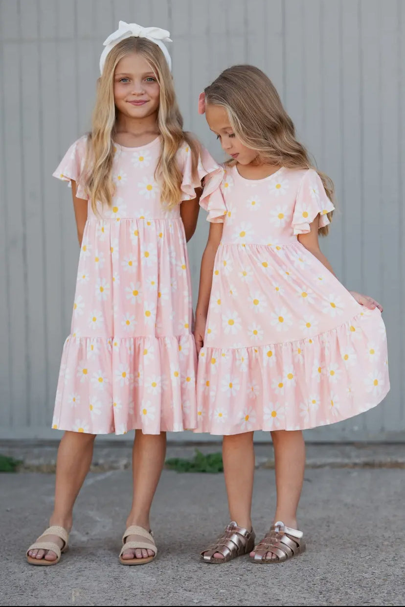 Emma Pink Daisy Flutter Sleeve Twirl Dress RGK RTS