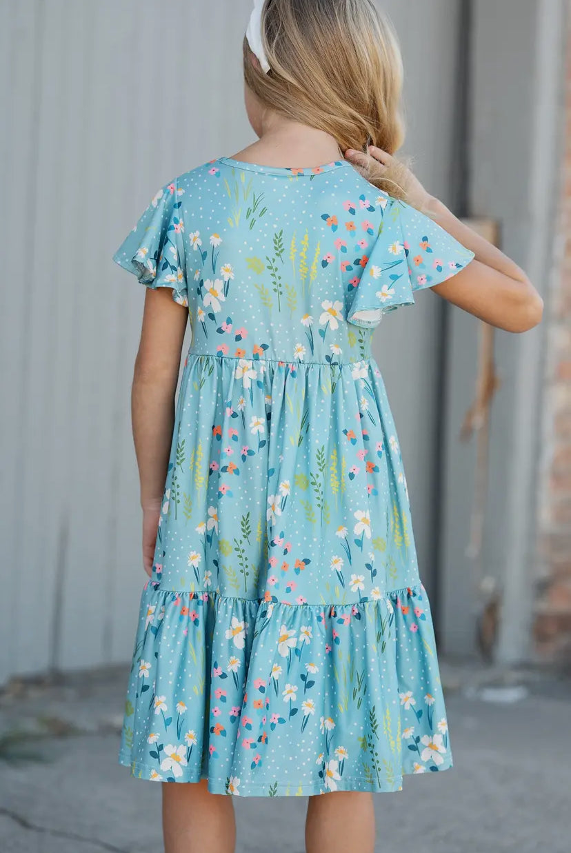 Emma Teal Willow Floral Flutter Sleeve Dress RGK RTS