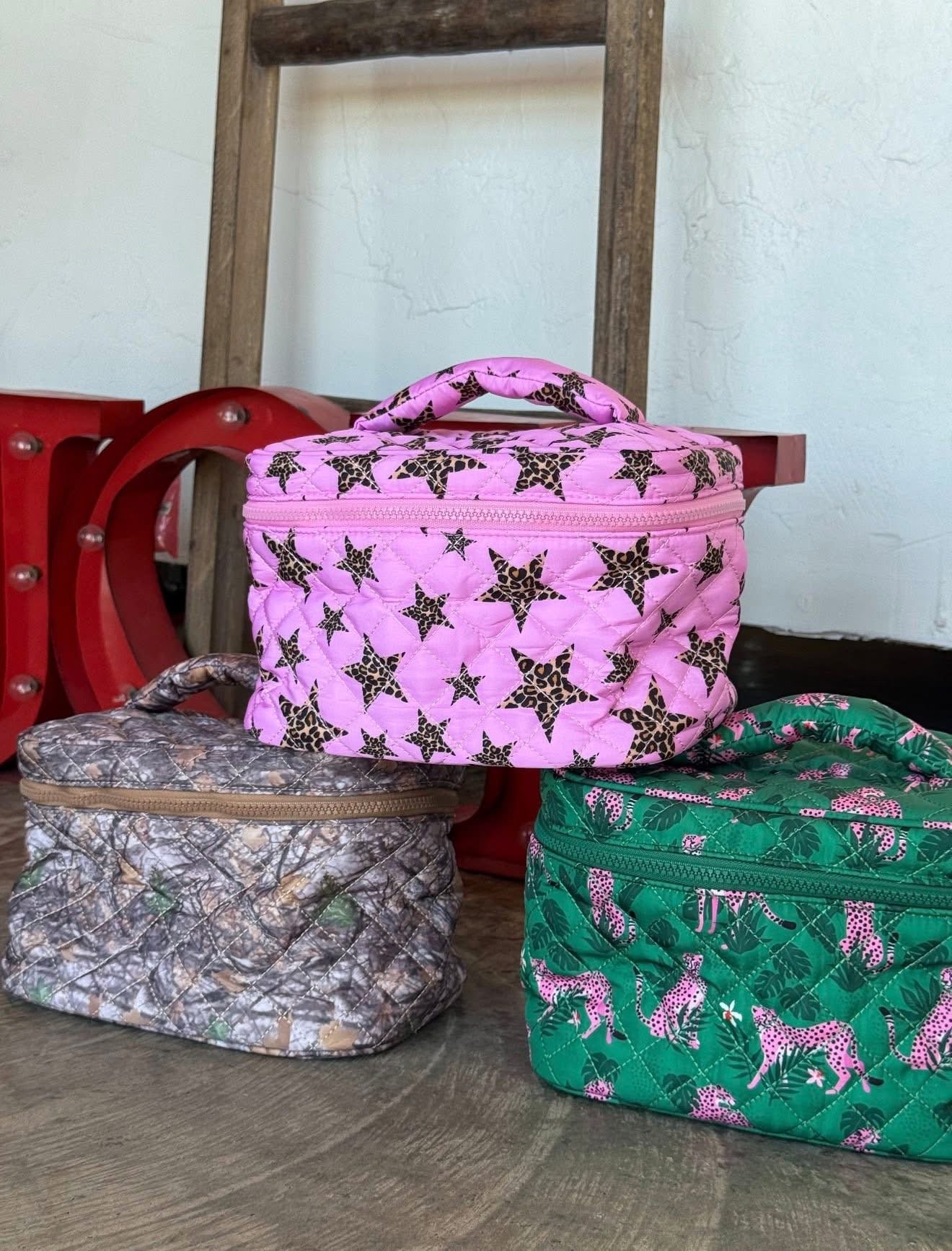 Quilted Puffer Makeup Bag - Cheetah Star