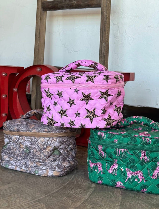 Quilted Puffer Makeup Bag - Cheetah Star