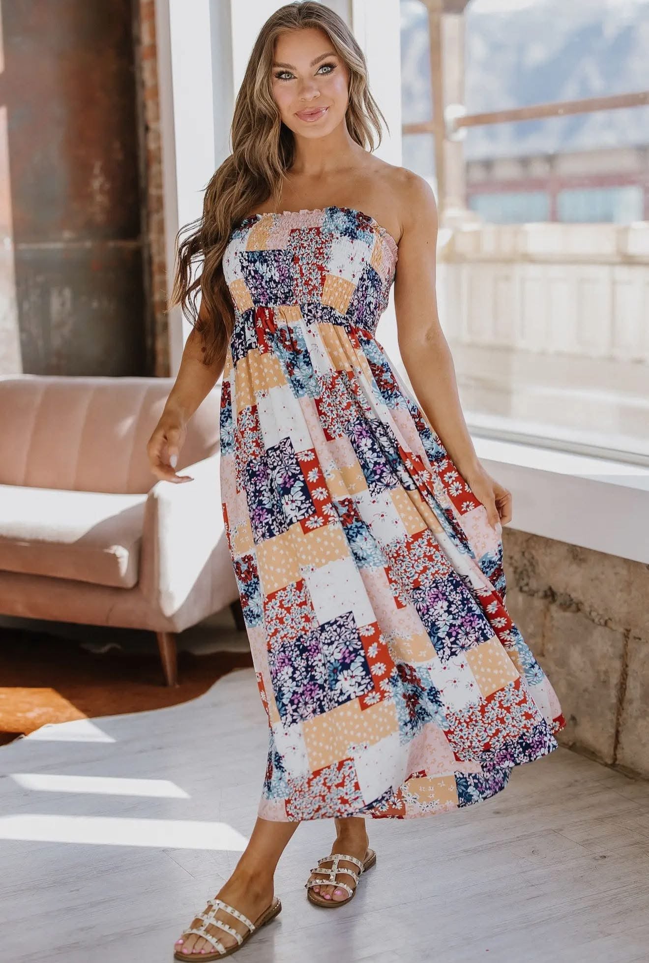 Ivy Patchwork Smocked Midi Dress RGK RTS