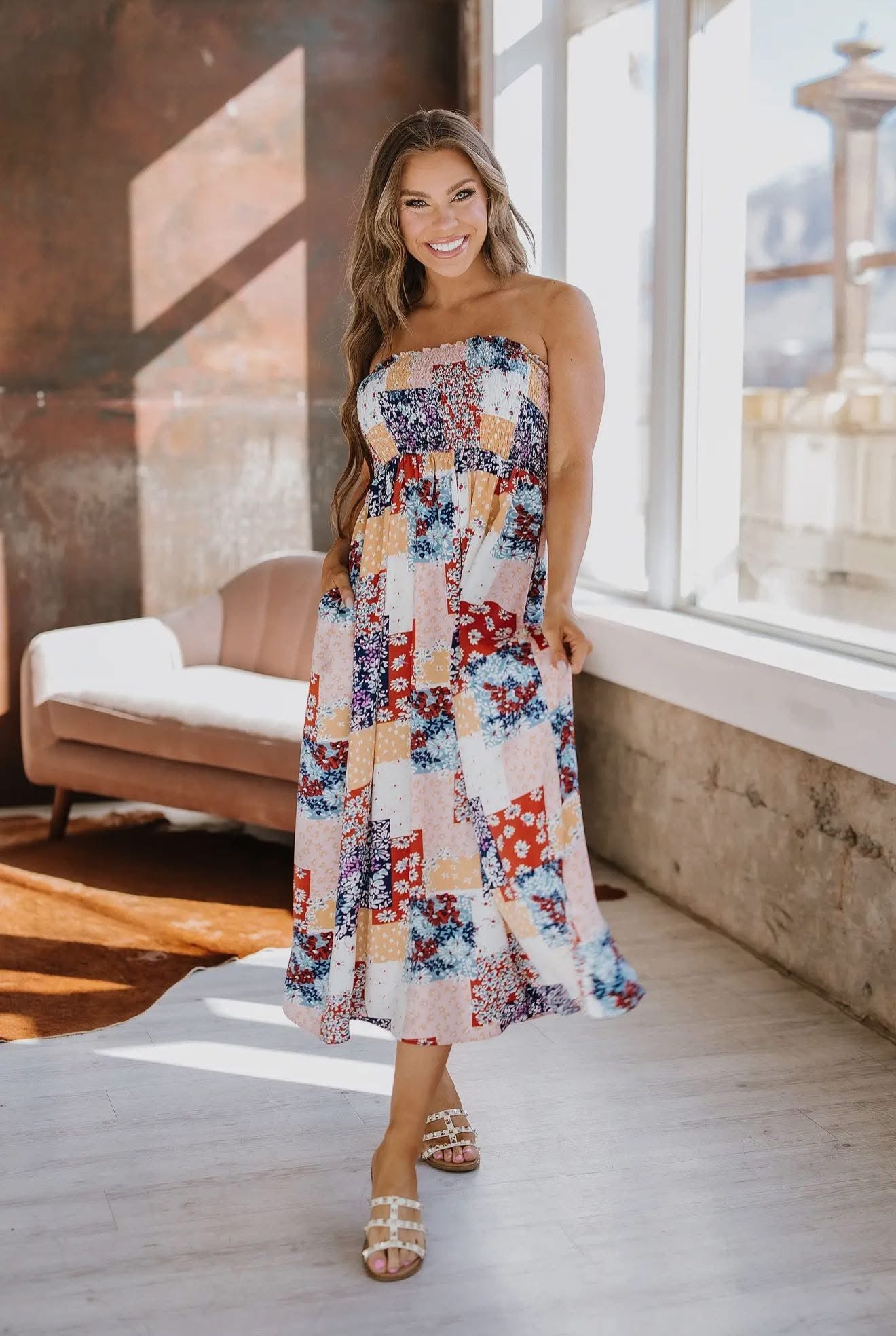 Ivy Patchwork Smocked Midi Dress RGK RTS