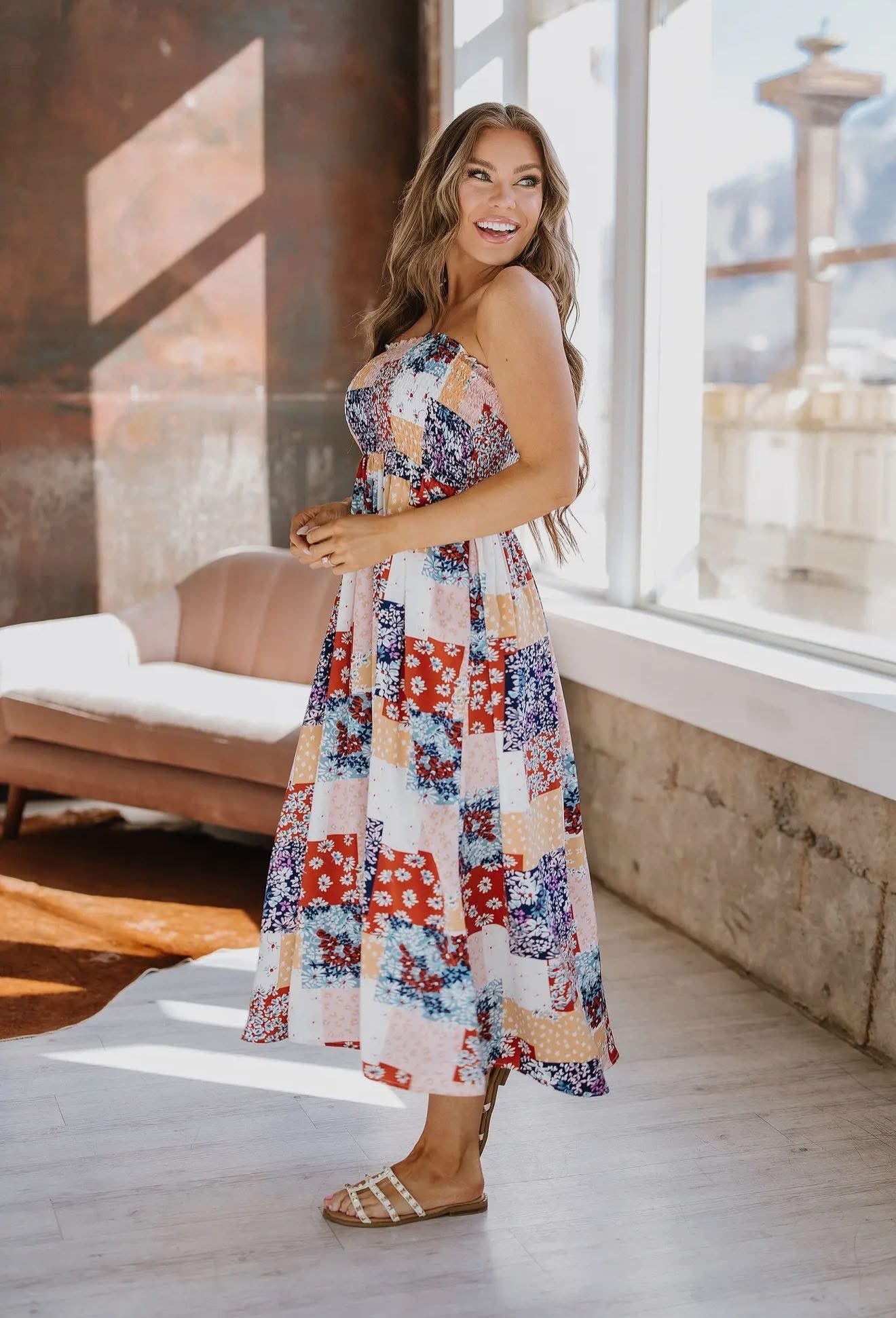 Ivy Patchwork Smocked Midi Dress RGK RTS