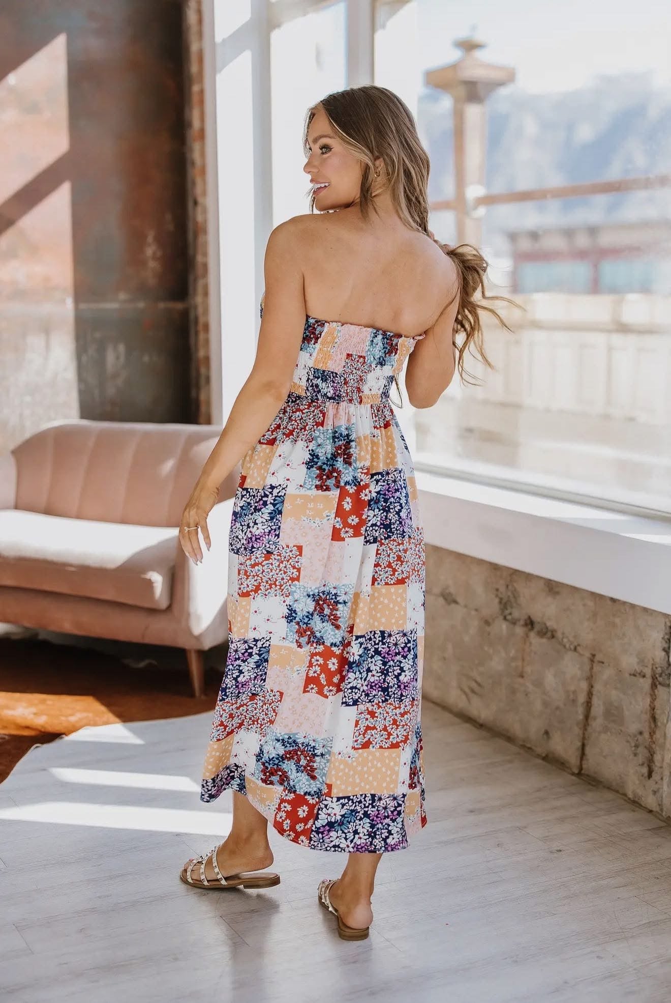Ivy Patchwork Smocked Midi Dress RGK RTS