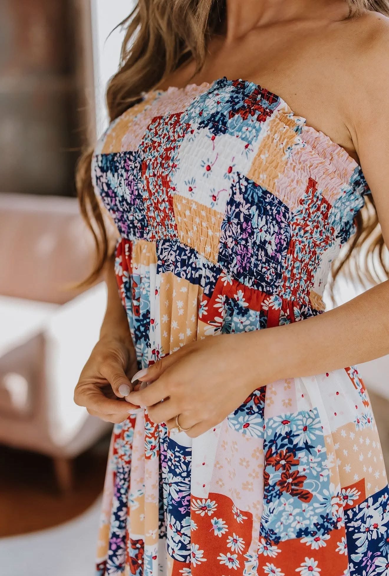 Ivy Patchwork Smocked Midi Dress RGK RTS
