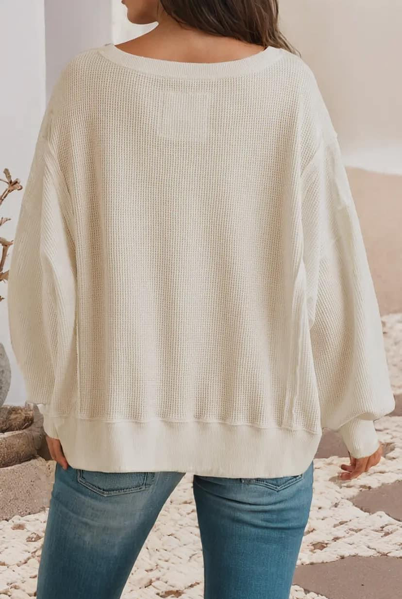 Waffle Knit Bishop Sleeve Split Oversized Sweatshirt RGK RTS