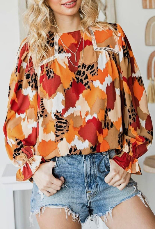 Abstract Printed Long-Sleeve Blouse RGK RTS