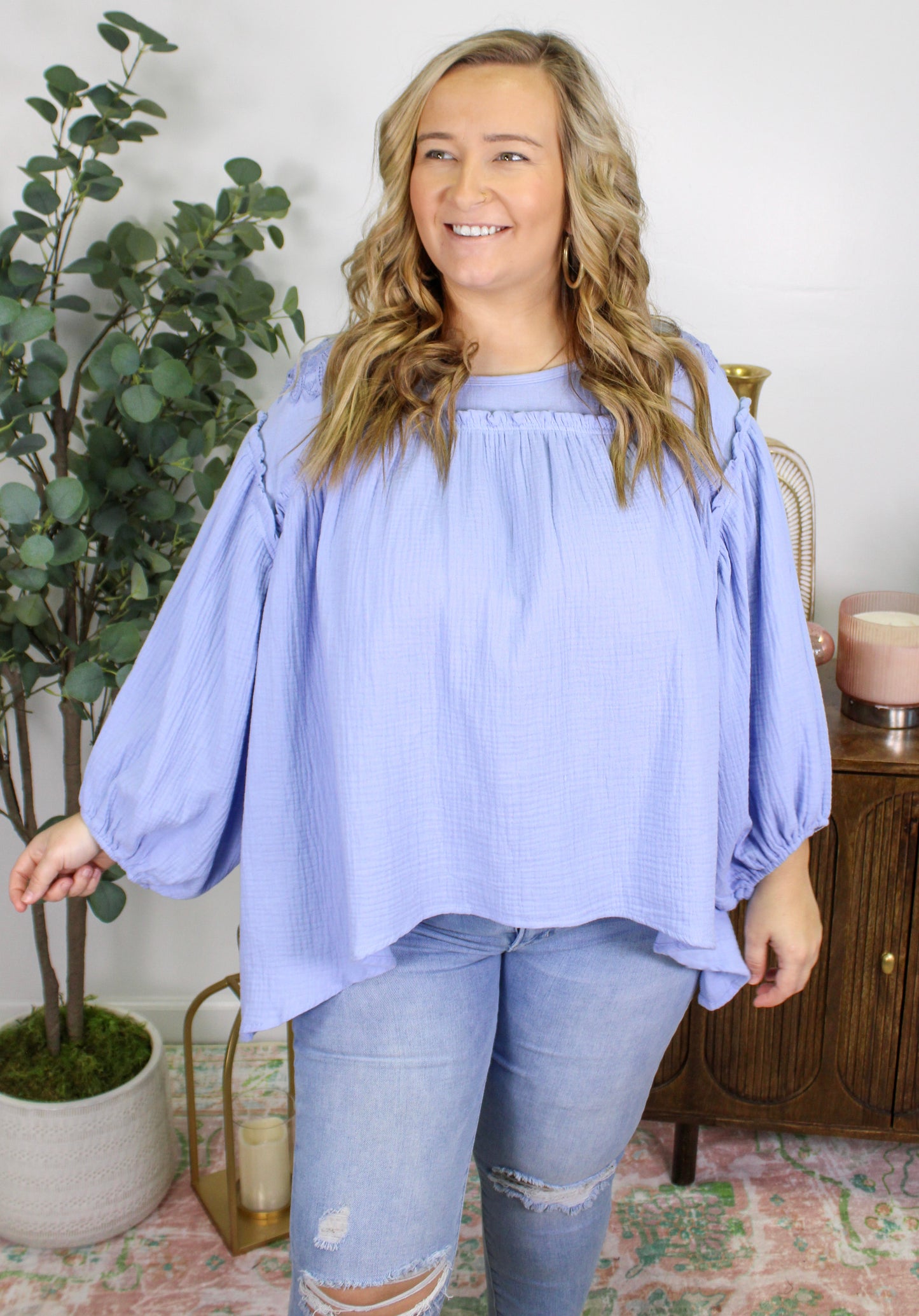 Blue Floral Embroidered Plus Size Blouse RTS