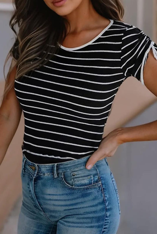 Black Striped Drawstring Sleeve Top RGK RTS