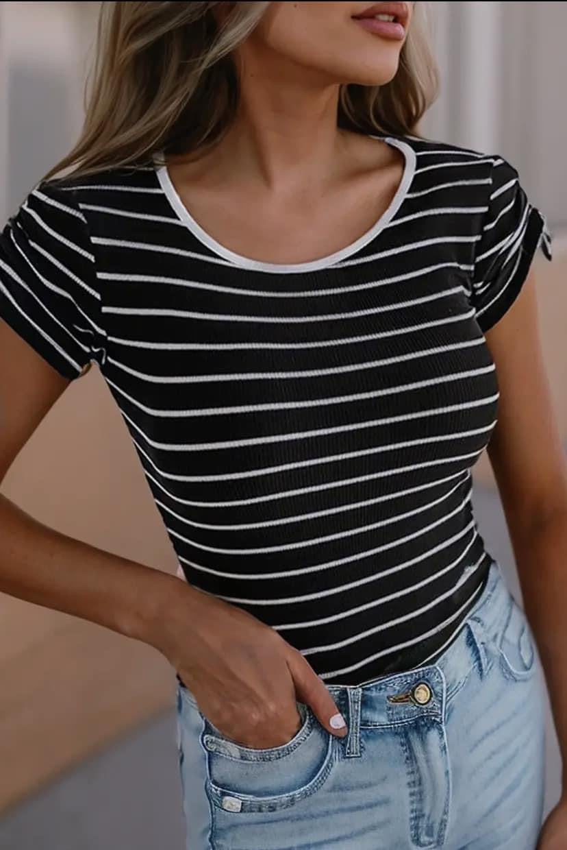 Black Striped Drawstring Sleeve Tee RTS