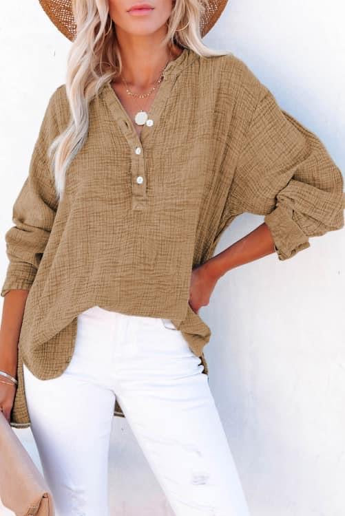 Brown Crinkle Loose Henley Top RGK RTS